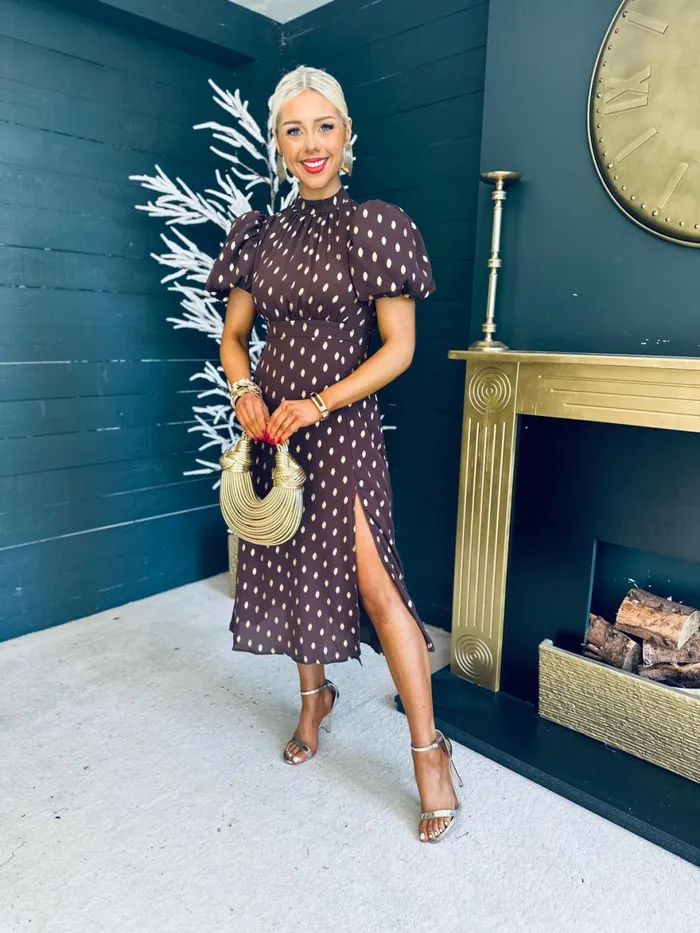 Women Day Dress Canella Lane Lilith Puff Sleeve High Neck Midi Dress Coco and Gold