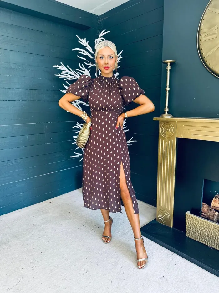 Women Day Dress Canella Lane Lilith Puff Sleeve High Neck Midi Dress Coco and Gold