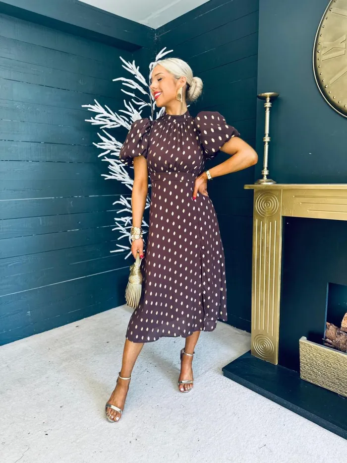 Women Day Dress Canella Lane Lilith Puff Sleeve High Neck Midi Dress Coco and Gold
