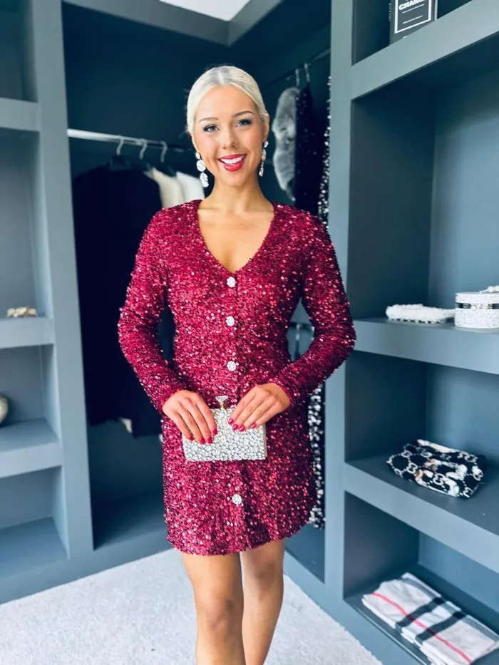 Women Day Dress Canella Lane Lilly Detailed Sequin Mini Dress Burgundy