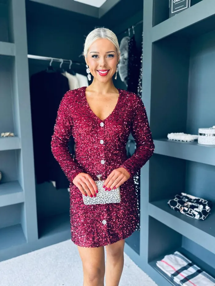 Women Day Dress Canella Lane Lilly Detailed Sequin Mini Dress Burgundy