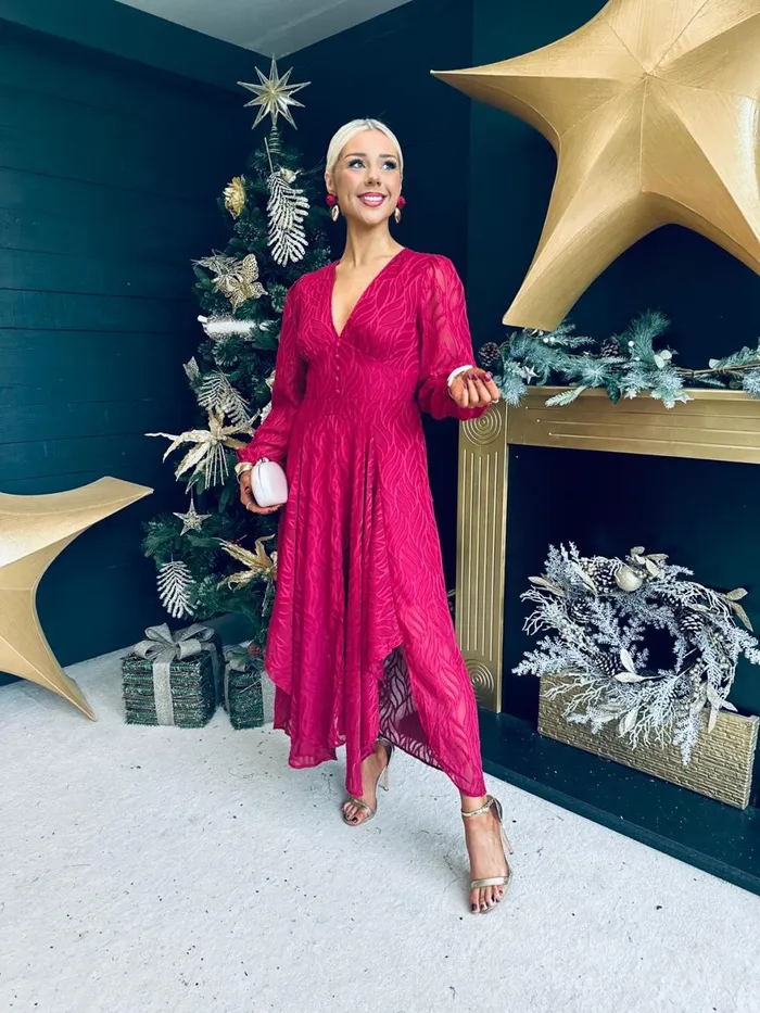 Women Day Dress Canella Lane Melanie Banded Midi Dress Burnout Wine
