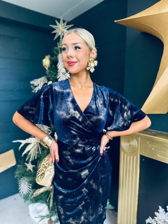 Women Day Dress Canella Lane Natasha Angel Sleeve Midi Dress Velvet Gold and Navy