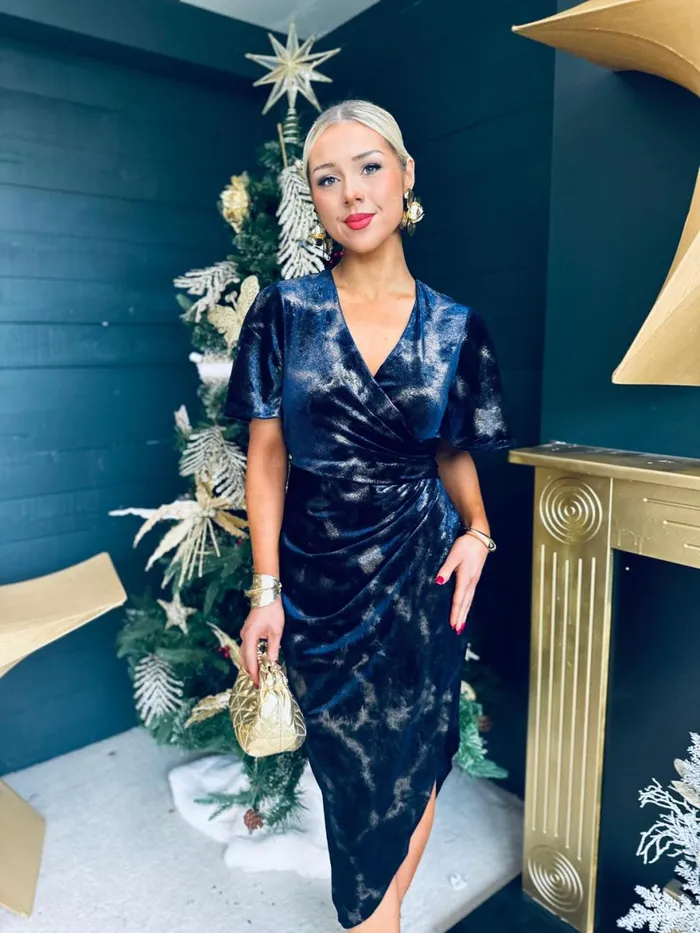 Women Day Dress Canella Lane Natasha Angel Sleeve Midi Dress Velvet Gold and Navy