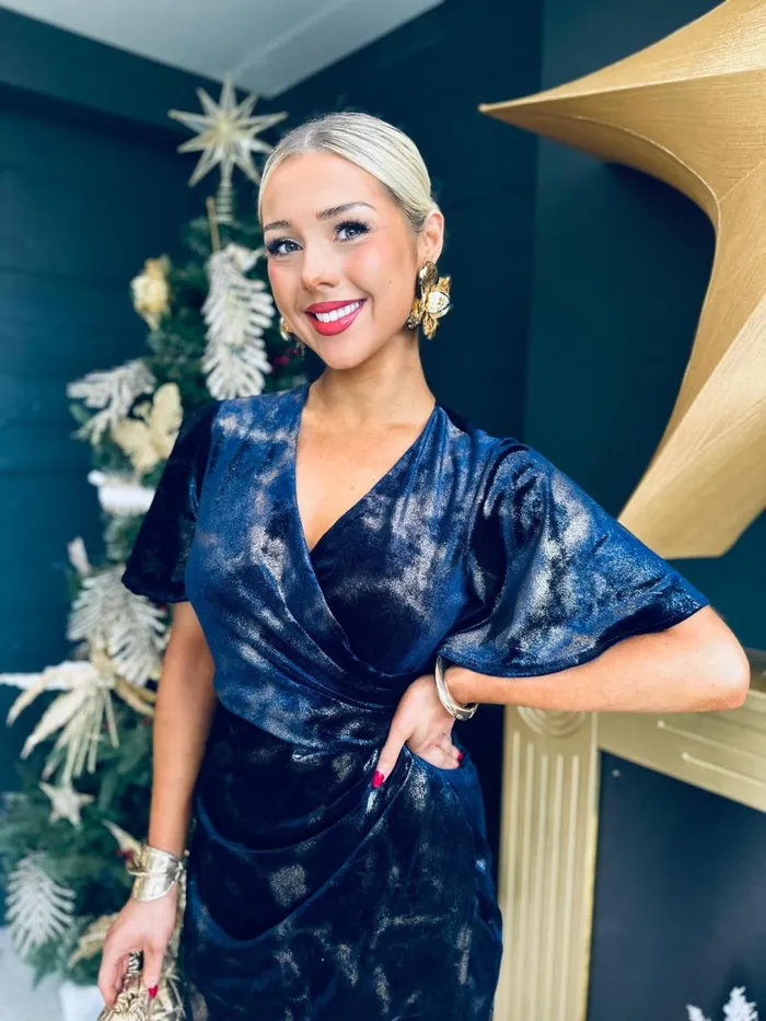 Women Day Dress Canella Lane Natasha Angel Sleeve Midi Dress Velvet Gold and Navy