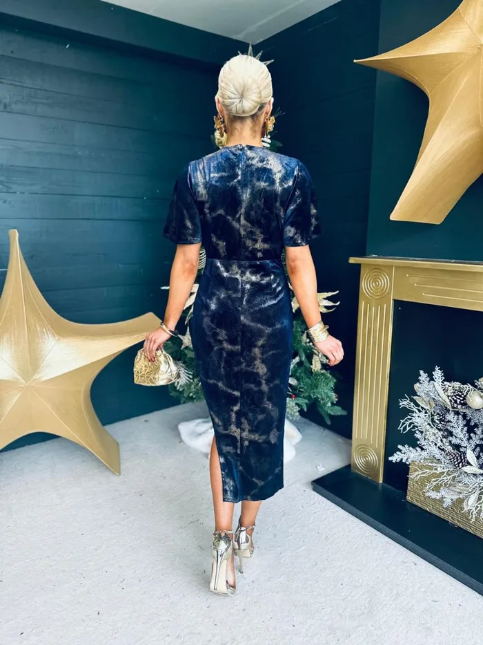 Women Day Dress Canella Lane Natasha Angel Sleeve Midi Dress Velvet Gold and Navy