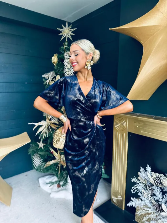 Women Day Dress Canella Lane Natasha Angel Sleeve Midi Dress Velvet Gold and Navy