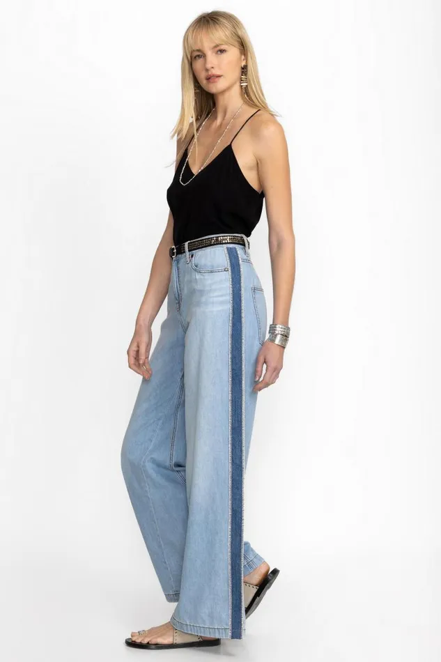 Women Denim Johnny Was MELANIE BLANKET STITCH WIDE LEG JEAN Light Wash