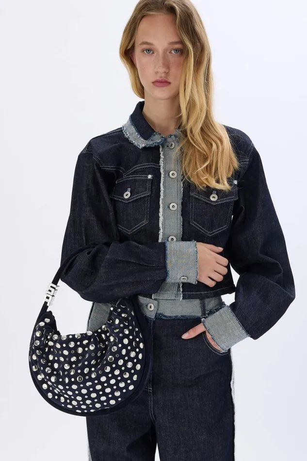 Women Domino Medium Bag In Suede And Studs Navy Blue Sonia Rykiel Le Domino