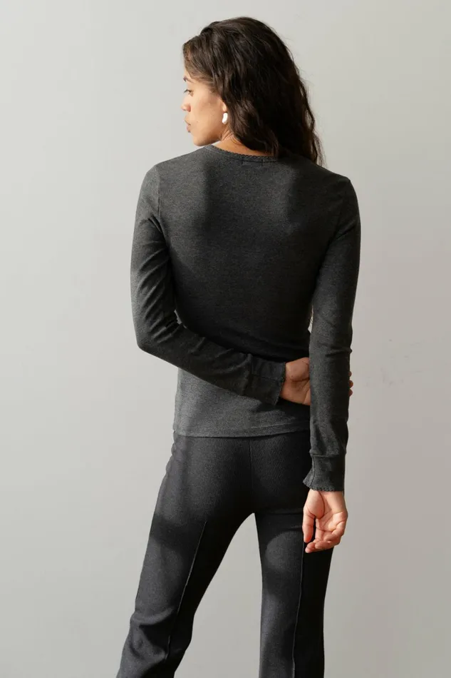 Women DONNI Tops The Baby Rib Scallop Long Sleeve