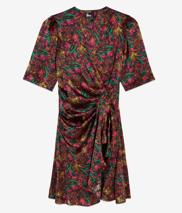 Women Dresses and Jumpsuits THE KOOPLES Multicolor Feather Print Short Sleeve Short Dress With Draping