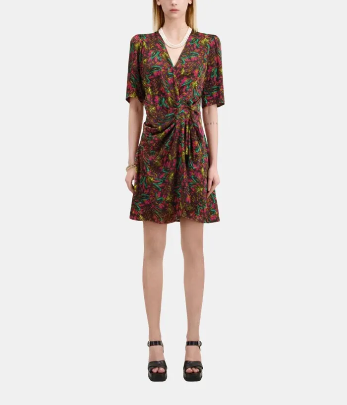 Women Dresses and Jumpsuits THE KOOPLES Multicolor Feather Print Short Sleeve Short Dress With Draping Women Dresses and Jumpsuits THE KOOPLES Multicolor Feather Print Short Sleeve Short Dress With Draping