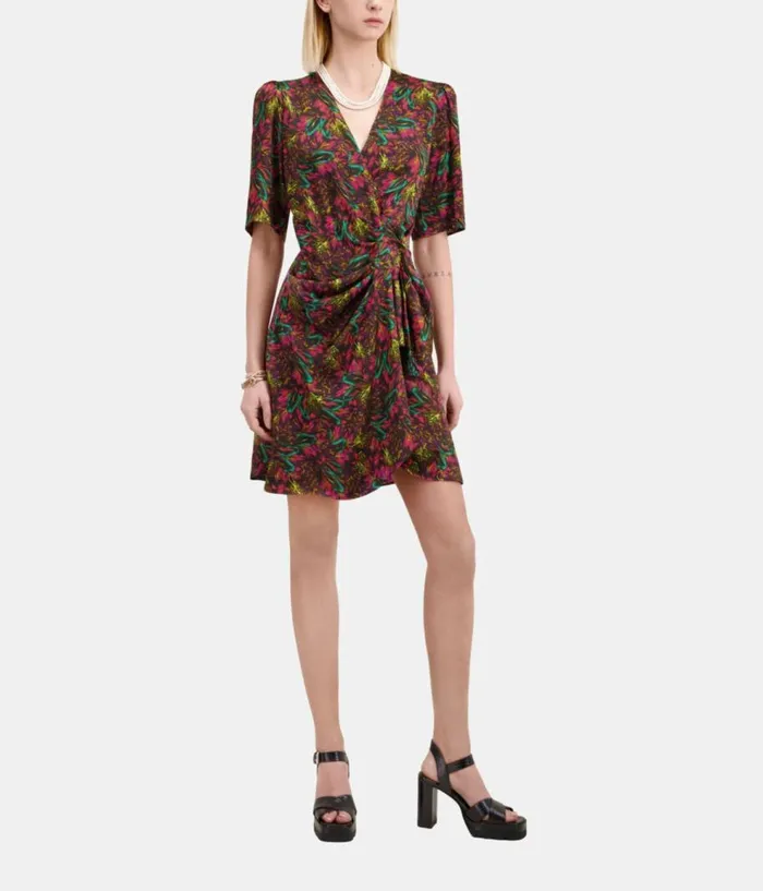 Women Dresses and Jumpsuits THE KOOPLES Multicolor Feather Print Short Sleeve Short Dress With Draping Women Dresses and Jumpsuits THE KOOPLES Multicolor Feather Print Short Sleeve Short Dress With Draping