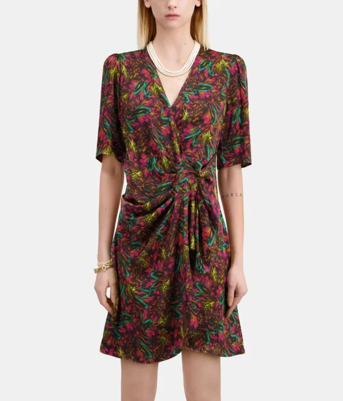 Women Dresses and Jumpsuits THE KOOPLES Multicolor Feather Print Short Sleeve Short Dress With Draping Women Dresses and Jumpsuits THE KOOPLES Multicolor Feather Print Short Sleeve Short Dress With Draping