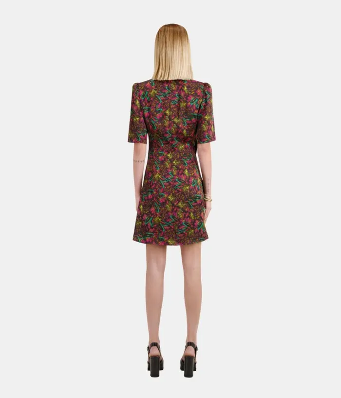 Women Dresses and Jumpsuits THE KOOPLES Multicolor Feather Print Short Sleeve Short Dress With Draping Women Dresses and Jumpsuits THE KOOPLES Multicolor Feather Print Short Sleeve Short Dress With Draping