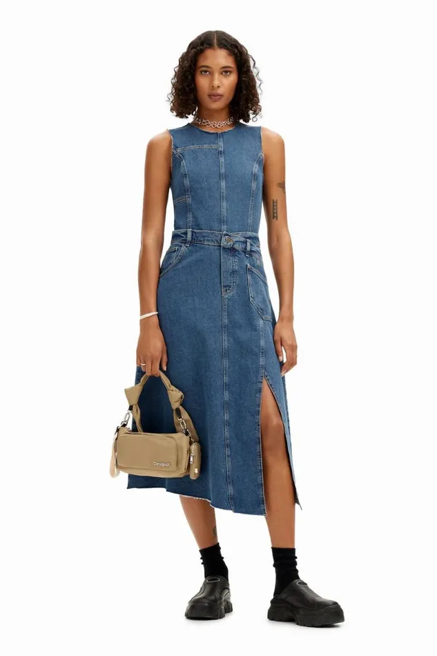 Women Dresses And Jumpsuits Desigual Sleeveless Denim Dress With Adjustable Waist