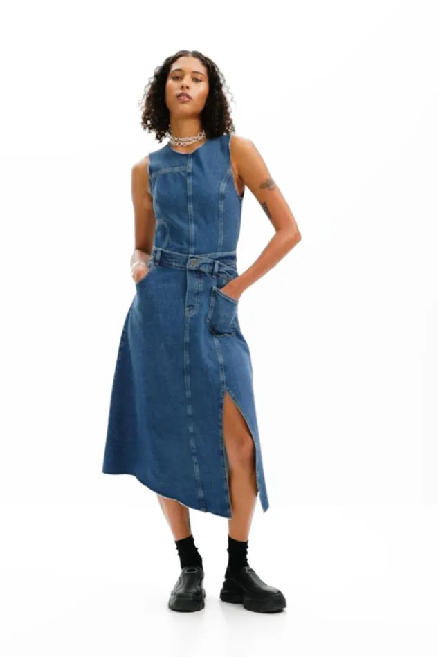 Women Dresses And Jumpsuits Desigual Sleeveless Denim Dress With Adjustable Waist