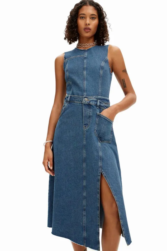 Women Dresses And Jumpsuits Desigual Sleeveless Denim Dress With Adjustable Waist