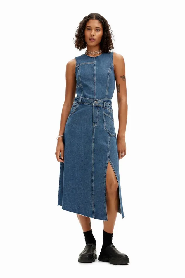 Women Dresses And Jumpsuits Desigual Sleeveless Denim Dress With Adjustable Waist