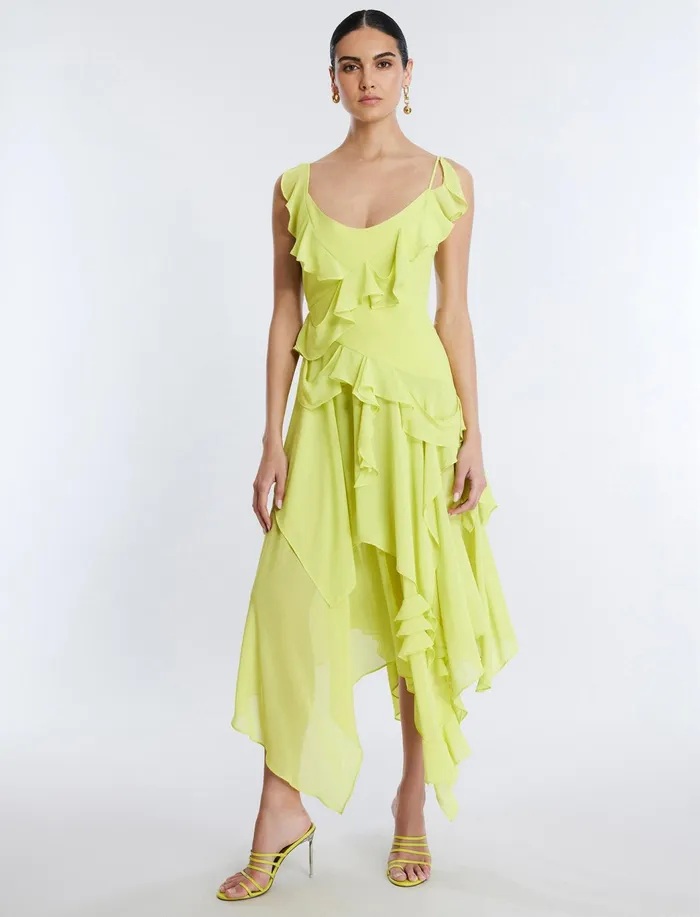 Women Dresses BCBG Annabel Ruffle Dress Yellow Plum