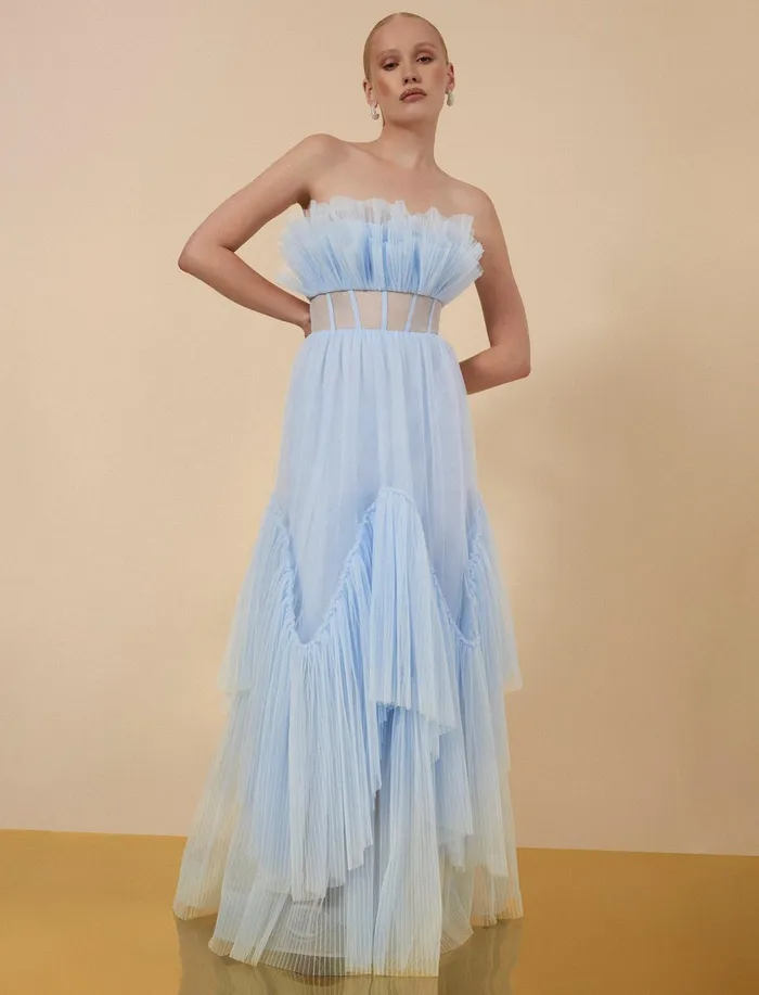 Women Dresses BCBG Jeanne Strapless Tulle Gown Xenon Blue