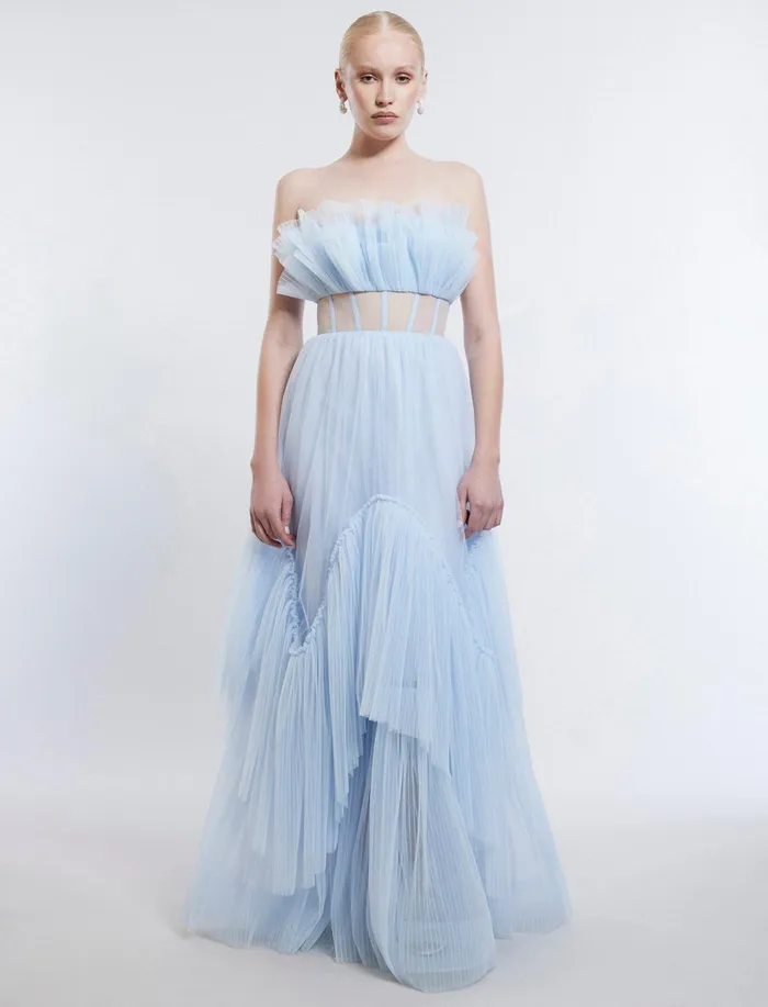 Women Dresses BCBG Jeanne Strapless Tulle Gown Xenon Blue