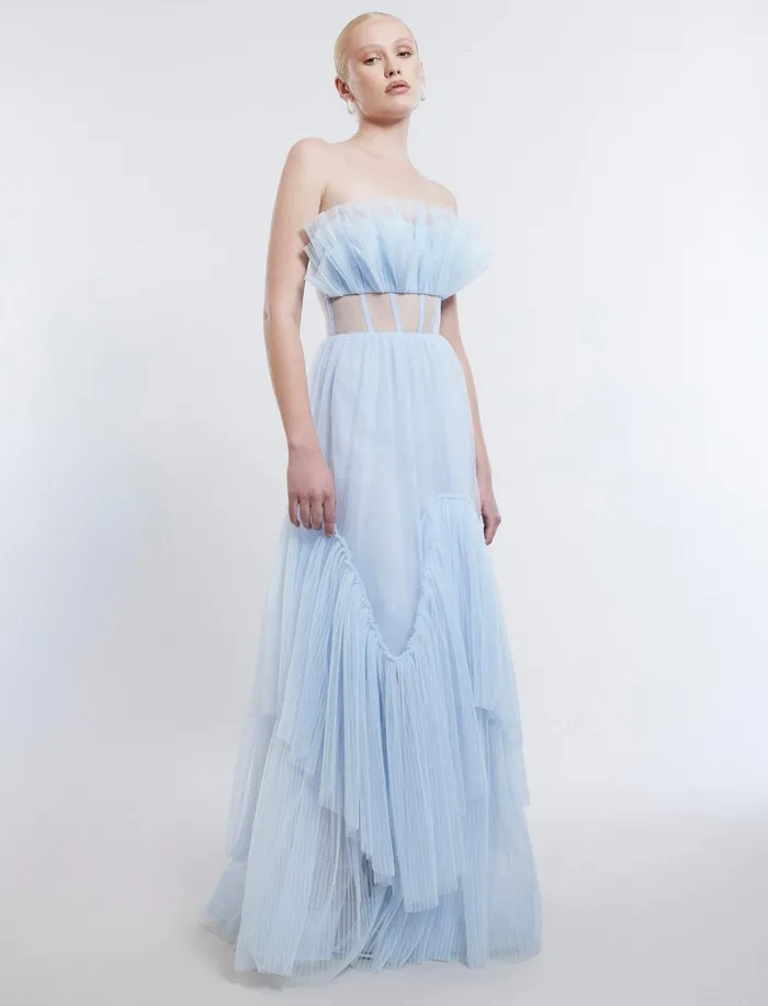Women Dresses BCBG Jeanne Strapless Tulle Gown Xenon Blue