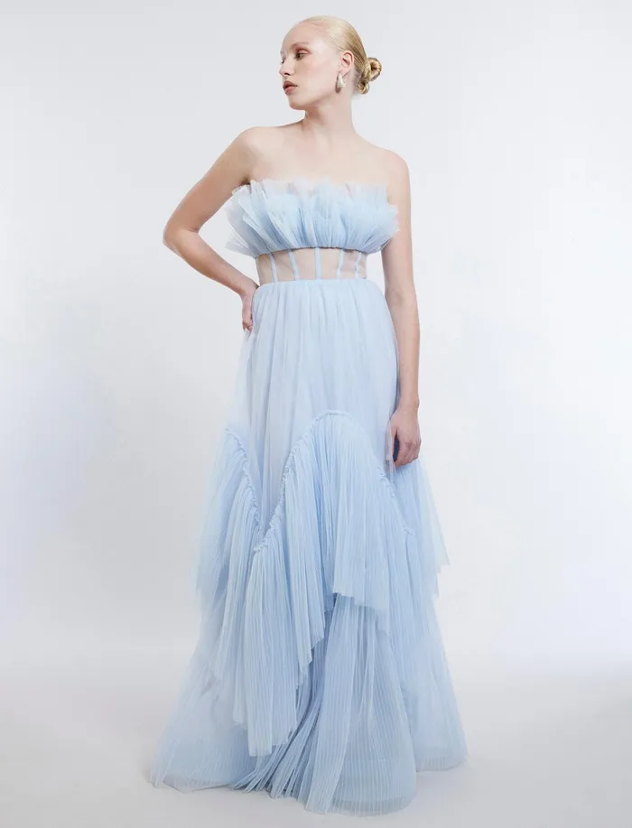 Women Dresses BCBG Jeanne Strapless Tulle Gown Xenon Blue