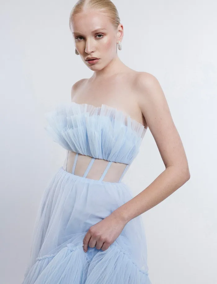 Women Dresses BCBG Jeanne Strapless Tulle Gown Xenon Blue