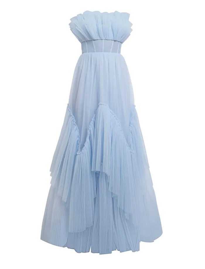 Women Dresses BCBG Jeanne Strapless Tulle Gown Xenon Blue