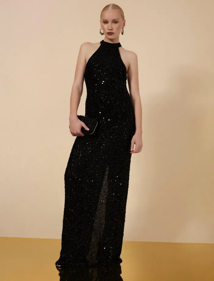 Women Dresses BCBG Jules Beaded SemiSheer Halter Gown Black