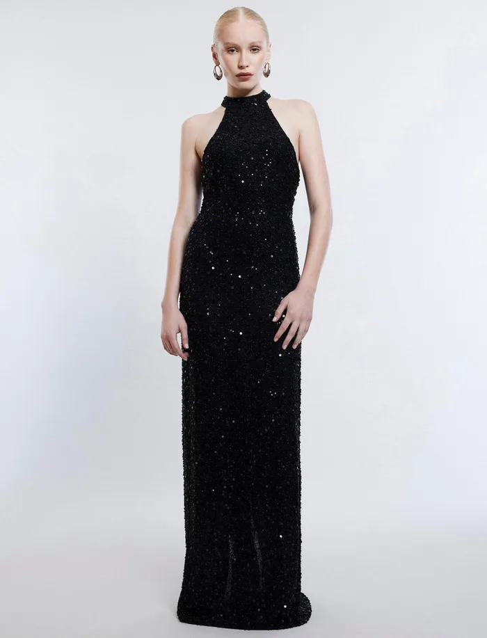 Women Dresses BCBG Jules Beaded SemiSheer Halter Gown Black