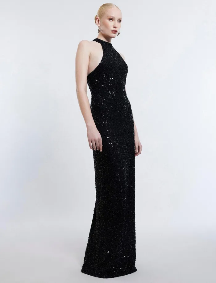 Women Dresses BCBG Jules Beaded SemiSheer Halter Gown Black