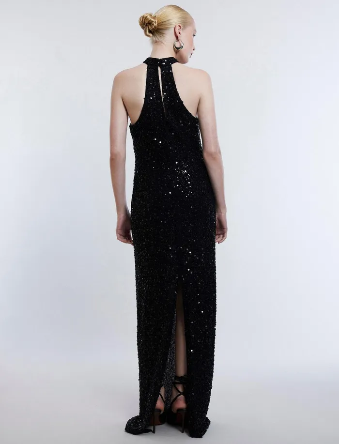 Women Dresses BCBG Jules Beaded SemiSheer Halter Gown Black