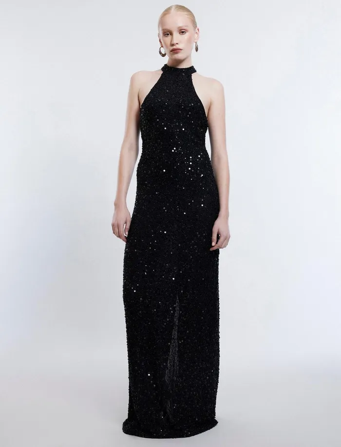 Women Dresses BCBG Jules Beaded SemiSheer Halter Gown Black