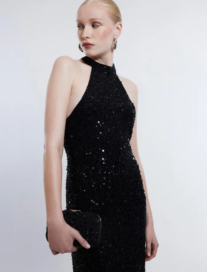 Women Dresses BCBG Jules Beaded SemiSheer Halter Gown Black