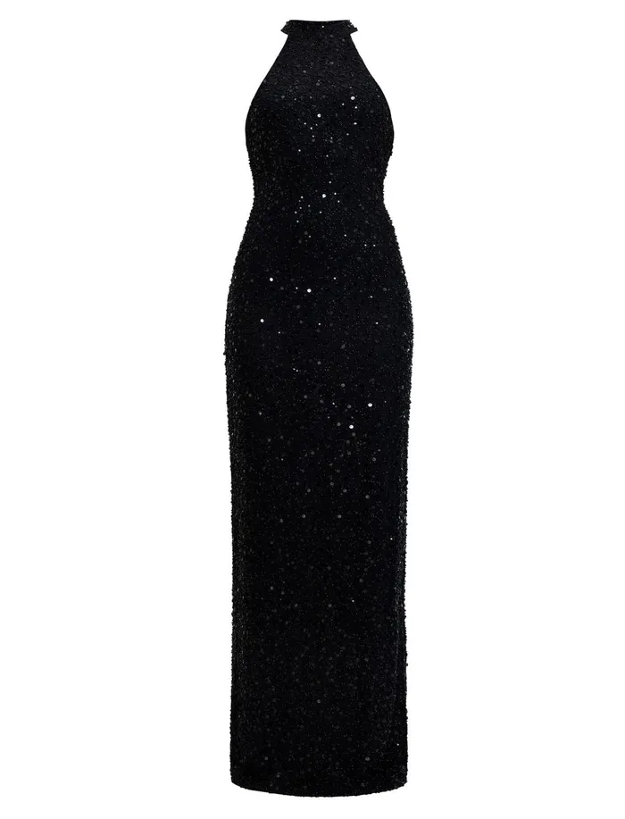 Women Dresses BCBG Jules Beaded SemiSheer Halter Gown Black