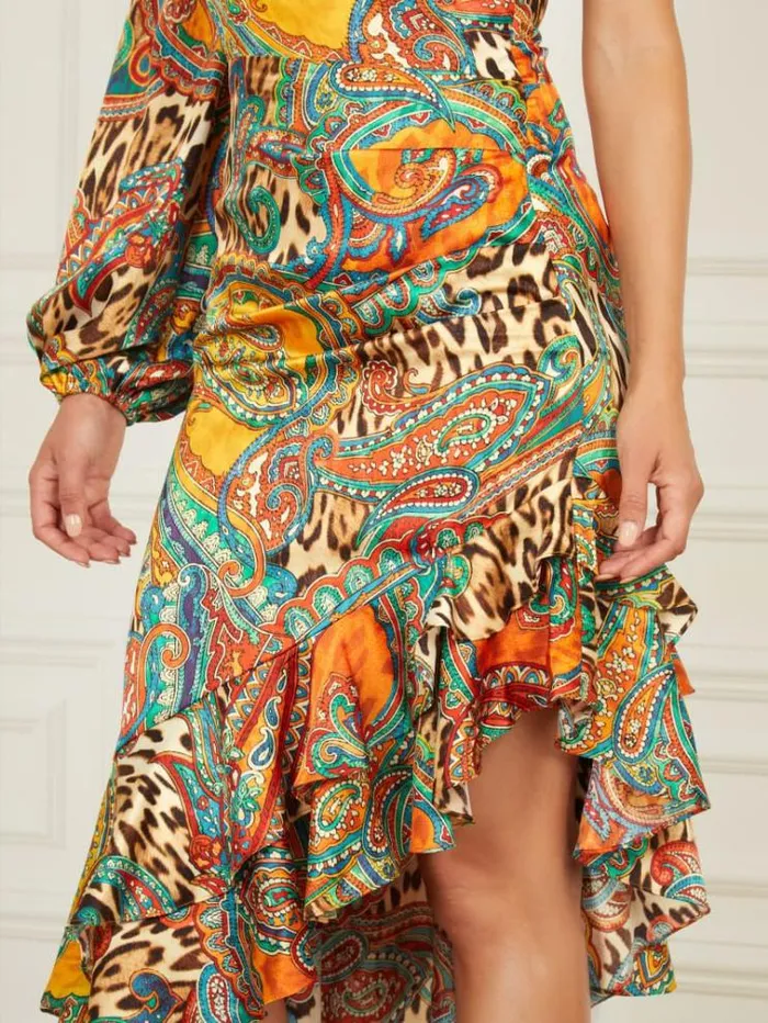 Women Dresses Marciano Tricia Ruffle Dress Phoenix Rising Print Women Dresses Marciano Tricia Ruffle Dress Phoenix Rising Print