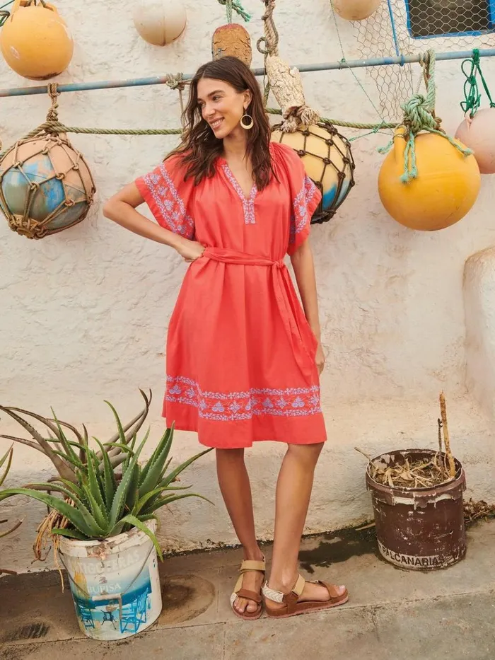 Women DRESSES White Stuff Anna Cotton Embroidered Dress Orange Multi Women DRESSES White Stuff Anna Cotton Embroidered Dress Orange Multi