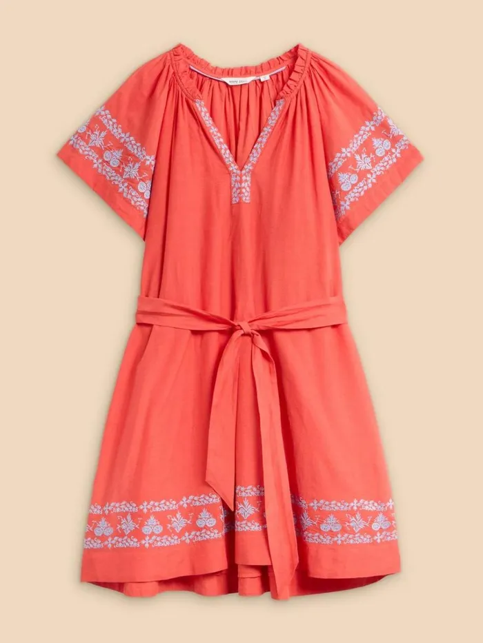 Women DRESSES White Stuff Anna Cotton Embroidered Dress Orange Multi Women DRESSES White Stuff Anna Cotton Embroidered Dress Orange Multi