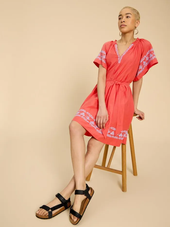 Women DRESSES White Stuff Anna Cotton Embroidered Dress Orange Multi Women DRESSES White Stuff Anna Cotton Embroidered Dress Orange Multi
