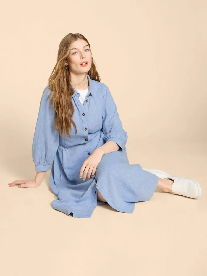 Women DRESSES White Stuff Hayden Linen Blend Shirt Dress Chambray Blue