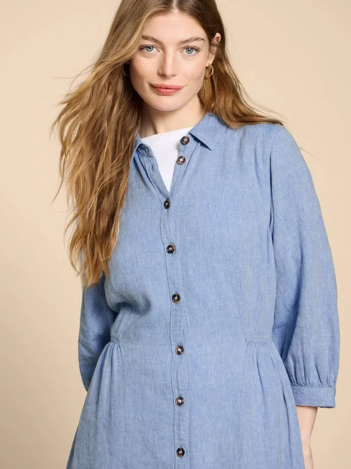 Women DRESSES White Stuff Hayden Linen Blend Shirt Dress Chambray Blue Women DRESSES White Stuff Hayden Linen Blend Shirt Dress Chambray Blue