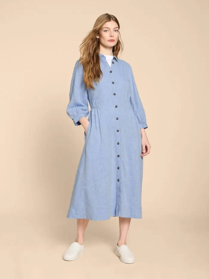 Women DRESSES White Stuff Hayden Linen Blend Shirt Dress Chambray Blue Women DRESSES White Stuff Hayden Linen Blend Shirt Dress Chambray Blue