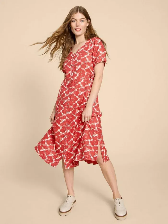 Women DRESSES White Stuff Ivy Linen V Neck Midi Dress Red Print