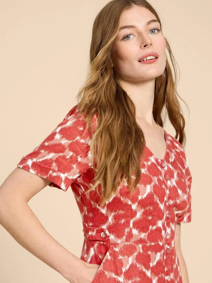 Women DRESSES White Stuff Ivy Linen V Neck Midi Dress Red Print Women DRESSES White Stuff Ivy Linen V Neck Midi Dress Red Print