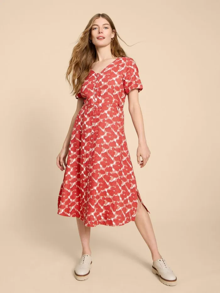 Women DRESSES White Stuff Ivy Linen V Neck Midi Dress Red Print Women DRESSES White Stuff Ivy Linen V Neck Midi Dress Red Print