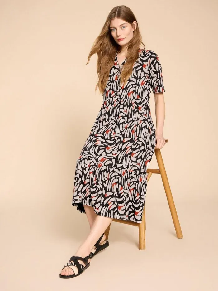 Women DRESSES White Stuff Naya Jersey Printed Tiered Dress Black Multi