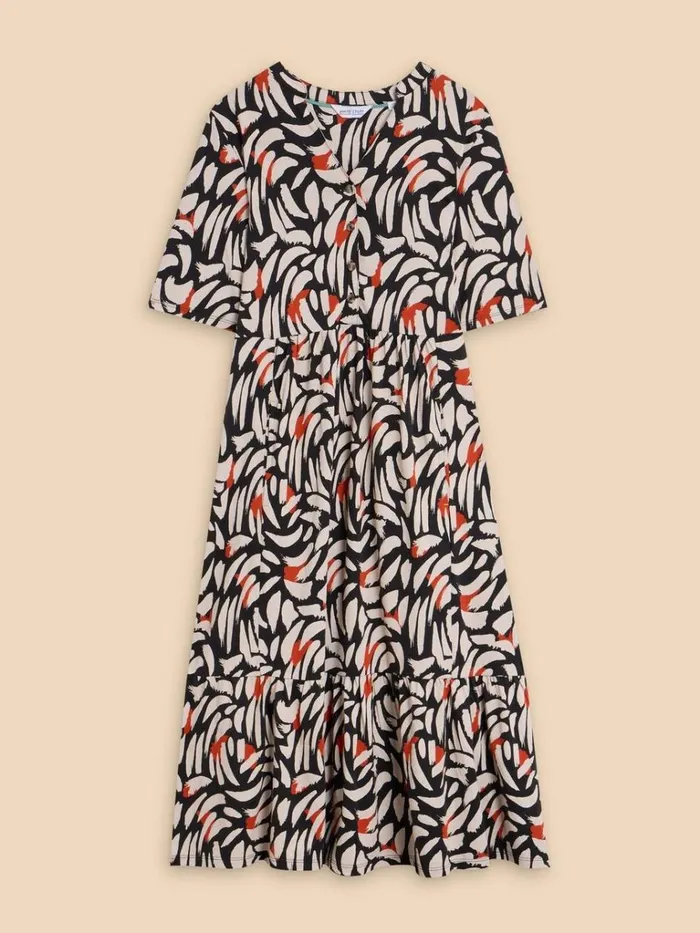 Women DRESSES White Stuff Naya Jersey Printed Tiered Dress Black Multi Women DRESSES White Stuff Naya Jersey Printed Tiered Dress Black Multi