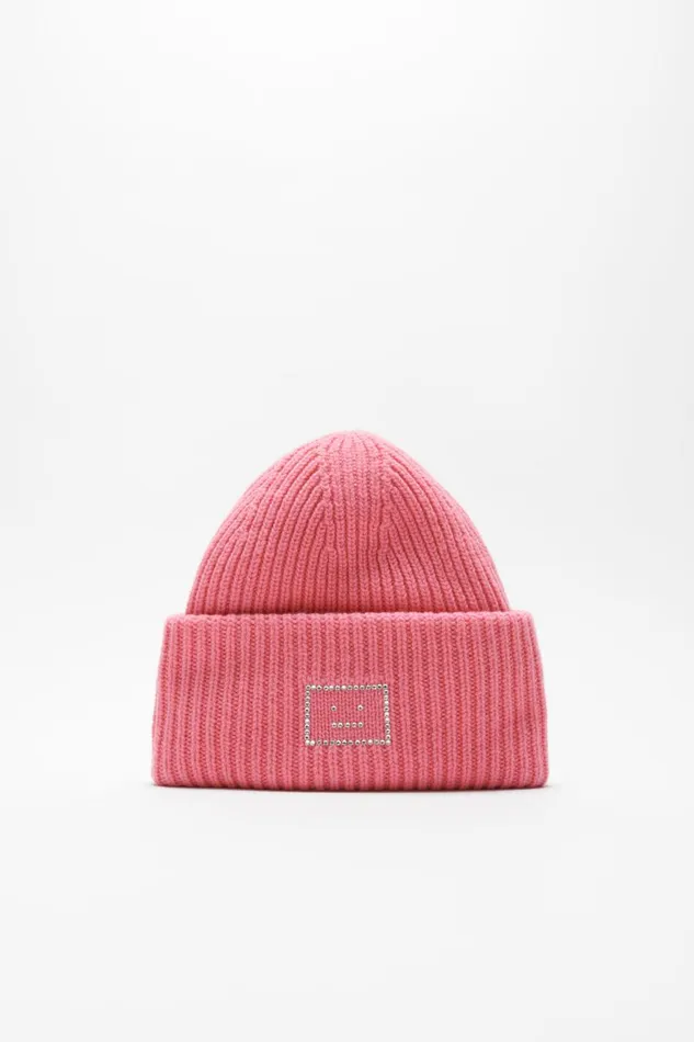 Women Embellished Face Logo Beanie Tango Pink Acne Studios Face Collection